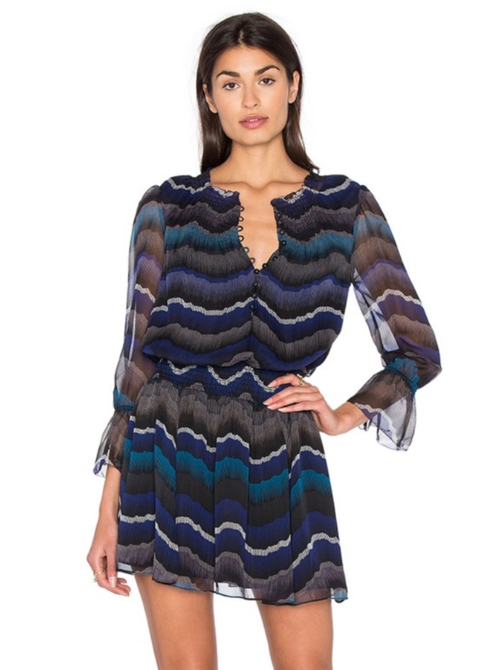 Diane Von Furstenberg Kelly Pleated Wave-Print Long Sleeve Chiffon Dress